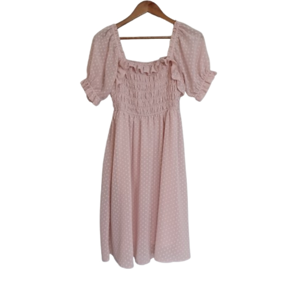 Pink Puff Sleeve Coquette CottageCore Feminine Ruffle Summer Dress Womens Medium